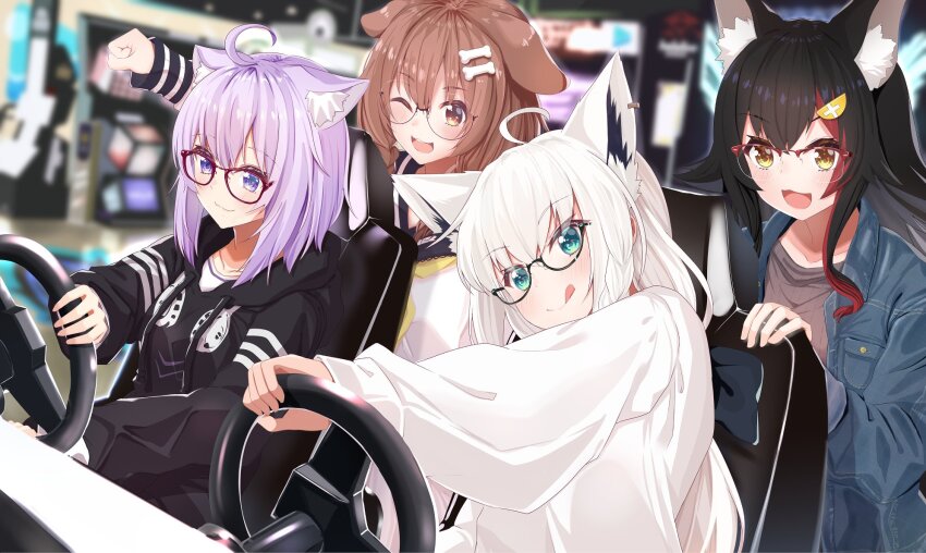 4girls :d :q ahoge animal_ear_fluff animal_ears aqua_eyes arcade_cabinet arm_up bespectacled black-framed_eyewear black_hair black_hoodie blue_jacket blurry blurry_background blush bone_hair_ornament borumete braid brown_hair brown_shirt cat_ears cat_girl closed_mouth commission denim denim_jacket dog_ears dog_girl flipped_hair fox_ears fox_girl glasses hair_ornament highres holding hololive hololive_gamers hood hoodie indoors inugami_korone jacket leaning_to_the_side long_hair long_sleeves medium_hair multicolored_hair multiple_girls nekomata_okayu on_chair one_eye_closed ookami_mio open_clothes open_jacket open_mouth puffy_long_sleeves puffy_sleeves purple_eyes purple_hair red-framed_eyewear red_hair round_eyewear semi-rimless_eyewear shirakami_fubuki shirt sidelocks sitting smile steering_wheel streaked_hair tongue tongue_out under-rim_eyewear virtual_youtuber white_hair white_hoodie wolf_ears wolf_girl