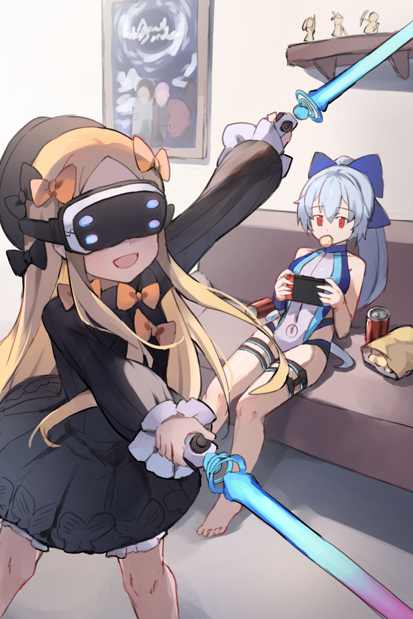 2girls :d abigail_williams_(fate) arm_up bag_of_chips bare_shoulders black_bow black_dress blonde_hair bloomers blue_bow bow breasts bug butterfly can couch covered_navel dress fate/grand_order fate_(series) grey_hair grey_one-piece_swimsuit hair_between_eyes hair_bow head-mounted_display highres holding indoors insect long_hair long_sleeves medium_breasts miya_(miyaruta) multiple_girls nintendo_switch on_couch one-piece_swimsuit open_mouth orange_bow parted_bangs ponytail puffy_long_sleeves puffy_sleeves red_eyes shelf smile swimsuit tomoe_gozen_(fate) tomoe_gozen_(swimsuit_saber)_(fate) underwear very_long_hair white_bloomers