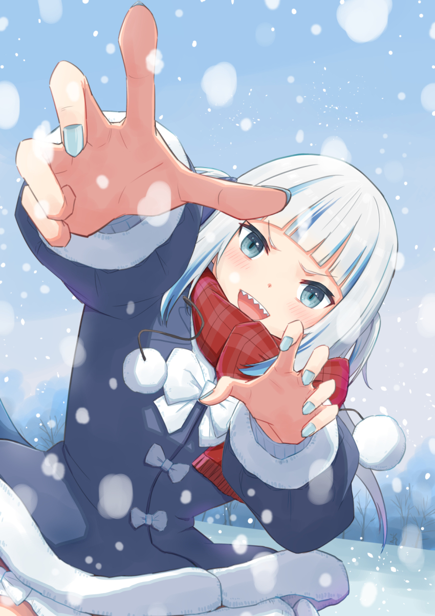 1girl blue_coat blue_eyes blue_nails coat fur-trimmed_coat fur_trim gawr_gura gawr_gura_(winter_casual) highres hololive hololive_english long_hair multicolored_hair official_alternate_costume official_alternate_hairstyle plaid_clothes plaid_scarf reaching reaching_towards_viewer red_scarf scarf shark_girl sharp_teeth simple_background snow snowing solo streaked_hair teeth user_ckjz8743 virtual_youtuber winter_clothes winter_coat