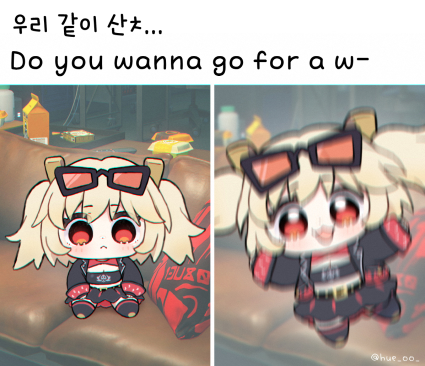 1girl :&lt; :3 :d black_jacket black_skirt black_thighhighs black_tube_top blush breasts burnice_white chibi chibi_only cleavage closed_mouth commentary couch english_text eyewear_on_head full_body game_screenshot_background hue_oo jacket korean_commentary korean_text long_sleeves looking_at_viewer midriff mixed-language_text motion_blur multiple_views on_couch open_mouth photo-referenced pillow red_eyes screenshot_background sitting skirt smile strapless sunglasses thighhighs tube_top twitter_username zenless_zone_zero