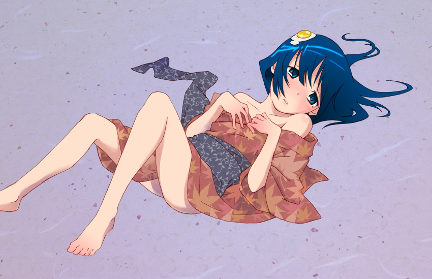 1girl araragi_tsukihi bakemonogatari bare_shoulders barefoot blue_eyes blue_hair female_focus green_eyes highres japanese_clothes kimono lying matching_hair/eyes monogatari_(series) on_back sasaki_mitsuru short_hair solo unmoving_pattern