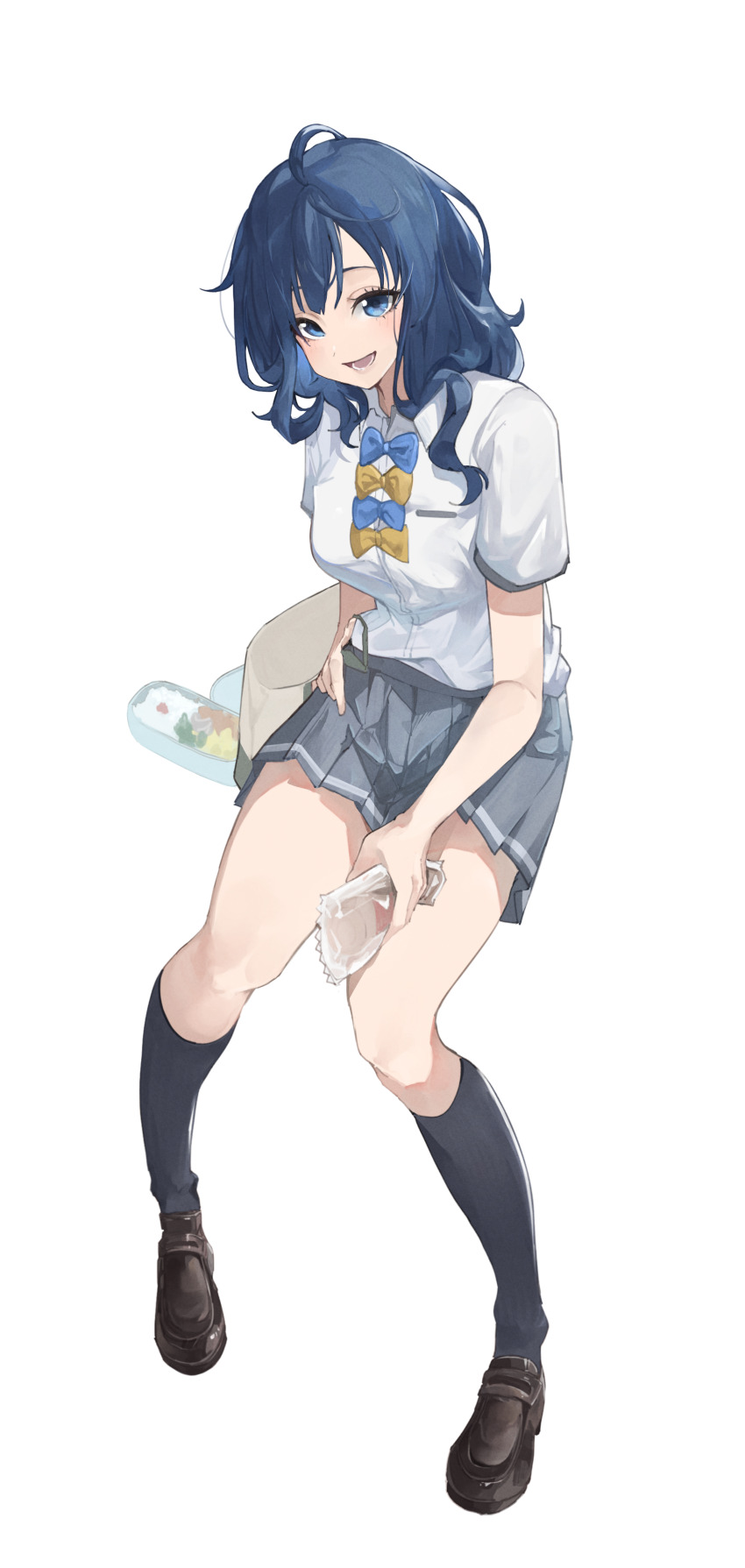 1girl absurdres ahoge bento black_footwear blue_bow blue_bowtie blue_eyes blue_hair bow bowtie collared_shirt food full_body grey_skirt grey_socks highres holding holding_food invisible_chair kneehighs loafers looking_at_viewer make_heroine_ga_oo_sugiru! medium_hair megu_(pixiv9460065) miniskirt open_mouth pleated_skirt shirt shoes short_sleeves simple_background sitting skirt smile socks solo summer_uniform thighs white_background white_shirt yanami_anna yellow_bow yellow_bowtie