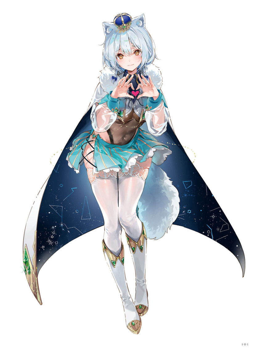 1girl animal_ears blue_hair blush boots bow braid breasts brown_eyes cape cat_ears closed_mouth covered_navel crown dsmile figure_available full_body gold_trim hair_bow hair_ornament hands_up head_tilt heart heart_hands highres knee_boots leotard leotard_under_clothes long_sleeves looking_at_viewer medium_breasts merchandise_available mini_crown miniskirt original page_number see-through_clothes shiny_clothes shiny_skin short_hair simple_background skirt smile solo standing tail thighhighs thighs twin_braids white_background