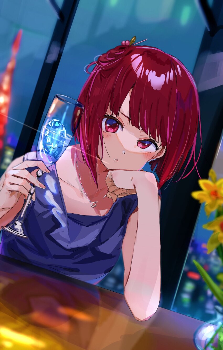 1girl arima_kana blue_dress blurry blush champagne_flute clenched_hand collarbone commentary_request cup depth_of_field dress drink drinking_glass elbow_on_table flower formal_clothes funi_mu9 hair_ornament hairpin hand_on_own_cheek hand_on_own_face highres holding holding_cup jewelry necklace night oshi_no_ko red_eyes red_hair short_hair solo vase window