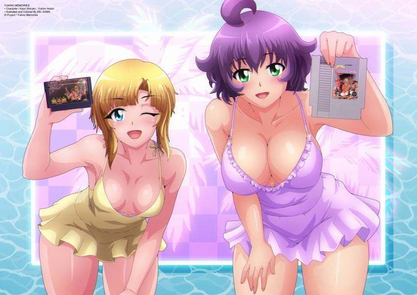 2girls ahoge blonde_hair blue_eyes blush breasts checkered_background cleavage collarbone contra dress game_cartridge green_eyes hand_on_own_thigh holding holding_game_cartridge kaori_shiruko konami large_breasts leaning_forward looking_at_viewer multiple_girls one_eye_closed open_mouth palm_tree purple_background purple_dress purple_hair short_hair sleeveless sleeveless_dress small_breasts smile standing tree vaporwave water wink yellow_dress yukino_akaihi yukino_memories zel-sama