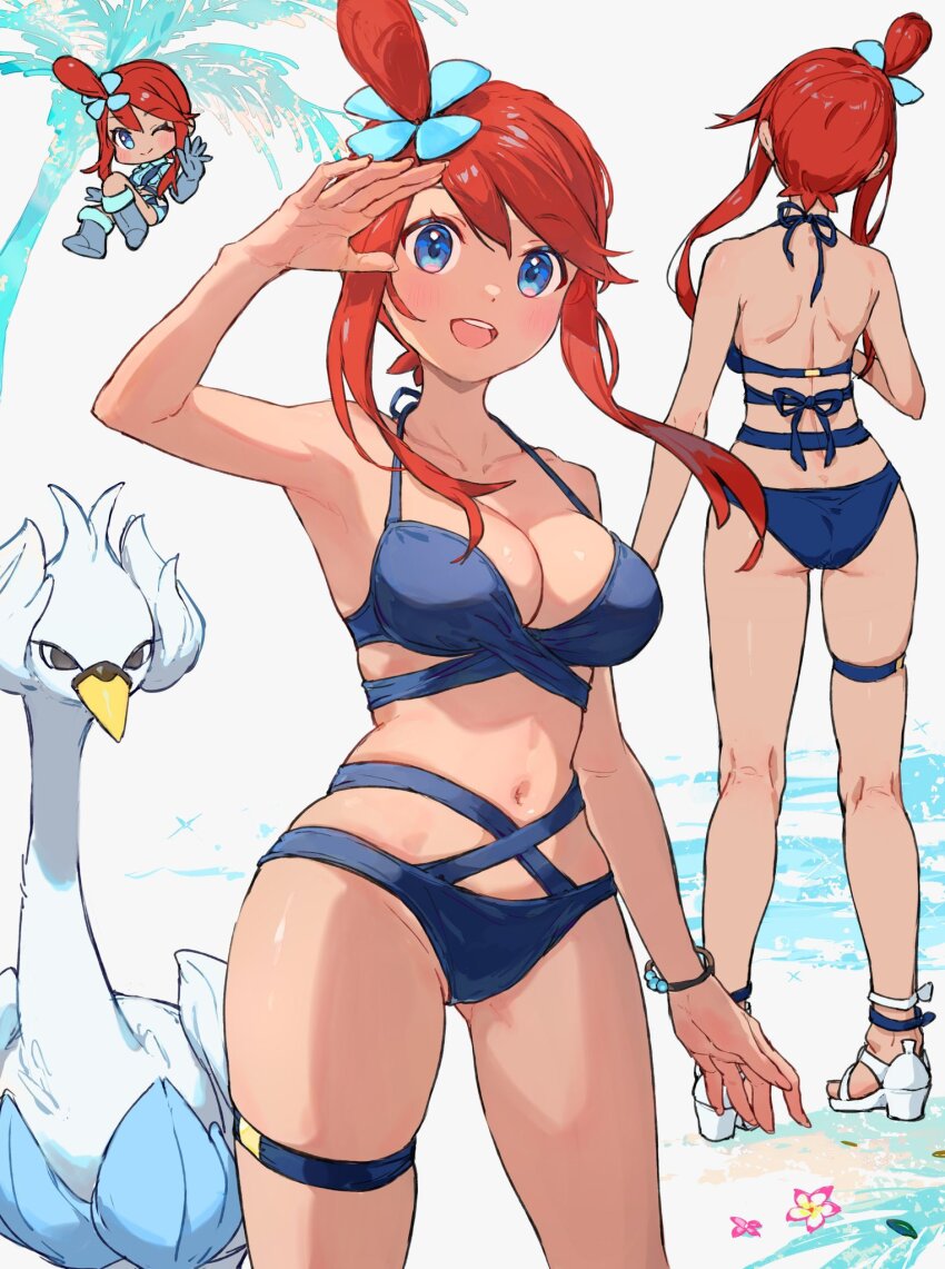 1girl ass bikini blue_eyes blue_gloves breasts cleavage creatures_(company) crop_top cropped_jacket game_freak gen_5_pokemon gloves hair_ornament highres large_breasts long_hair looking_at_viewer midriff navel nintendo one_side_up open_mouth pokemon pokemon_(creature) pokemon_bw red_hair sandals short_shorts shorts sidelocks skyla_(pokemon) smile swanna swimsuit thigh_strap yosame0a