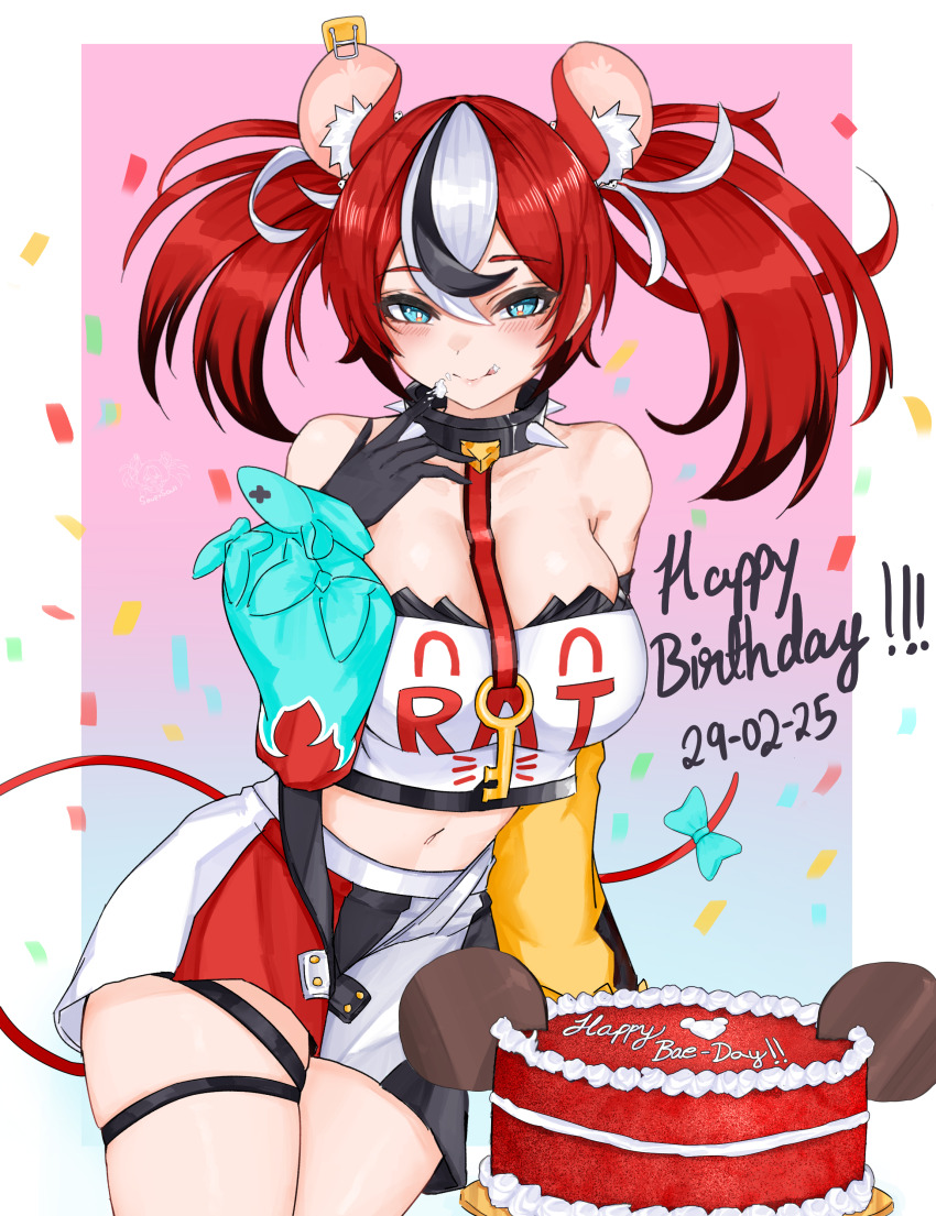 1girl absurdres animal_ears asymmetrical_sleeves birthday_cake black_skirt blue_eyes blue_sleeves bow breasts cake cheese collar commentary crop_top dated english_commentary flame_print food hakos_baelz hakos_baelz_(1st_costume) happy_birthday highres hololive hololive_english jewelry key key_necklace large_breasts looking_at_viewer mismatched_sleeves mouse_ears mouse_girl mouse_tail mousetrap multicolored_skirt navel necklace red_skirt skirt solo soup_(soupysoull) spiked_collar spikes tail tail_bow tail_ornament twintails virtual_youtuber white_skirt yellow_sleeves