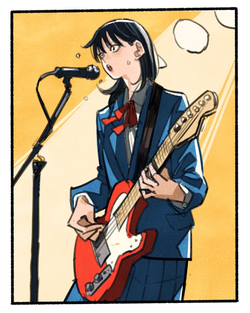 1girl black_eyes black_hair blazer blue_jacket blue_skirt blush border collared_shirt commentary_request cowboy_shot dress_shirt electric_guitar fender_telecaster futsuu_no_keion-bu guitar guitar_strap hatono_chihiro highres holding holding_guitar holding_instrument holding_plectrum instrument jacket lapels long_sleeves medium_hair microphone microphone_stand music neck_ribbon open_mouth playing_guitar pleated_skirt plectrum red_ribbon ribbon sanpaku school_uniform shirt singing skirt solo stage_lights standing sweat takeuchi_ryousuke white_shirt yellow_background