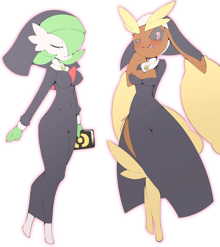 2girls absurdres arms_behind_back black_sclera bob_cut book breasts brown_fur cleavage_cutout closed_eyes clothing_cutout colored_sclera colored_skin coodee1996 creatures_(company) furry furry_female game_freak gardevoir gen_3_pokemon gen_4_pokemon green_hair green_skin habit hair_over_one_eye highres holding holding_book lopunny multicolored_skin multiple_girls nintendo nun poke_ball_symbol pokemon pokemon_(creature) side_slit simple_background tongue tongue_out two-tone_fur two-tone_skin white_background white_skin