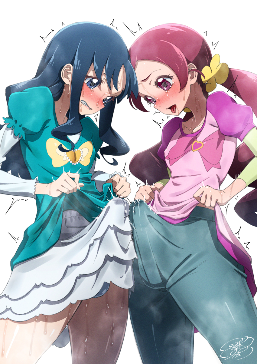 2futa absurdres ajula_wachula blue_eyes blue_hair blue_pants blue_shirt blush breasts bulge clothes_lift commentary_request commission denim erection erection_under_clothes futa_with_futa futanari hanasaki_tsubomi heartcatch_precure! highres jeans kurumi_erika long_hair long_sleeves low_twintails multiple_futa pants penis penises_touching pink_shirt precure red_eyes red_hair shirt simple_background skeb_commission skirt skirt_lift small_breasts standing sweat twintails white_background white_skirt