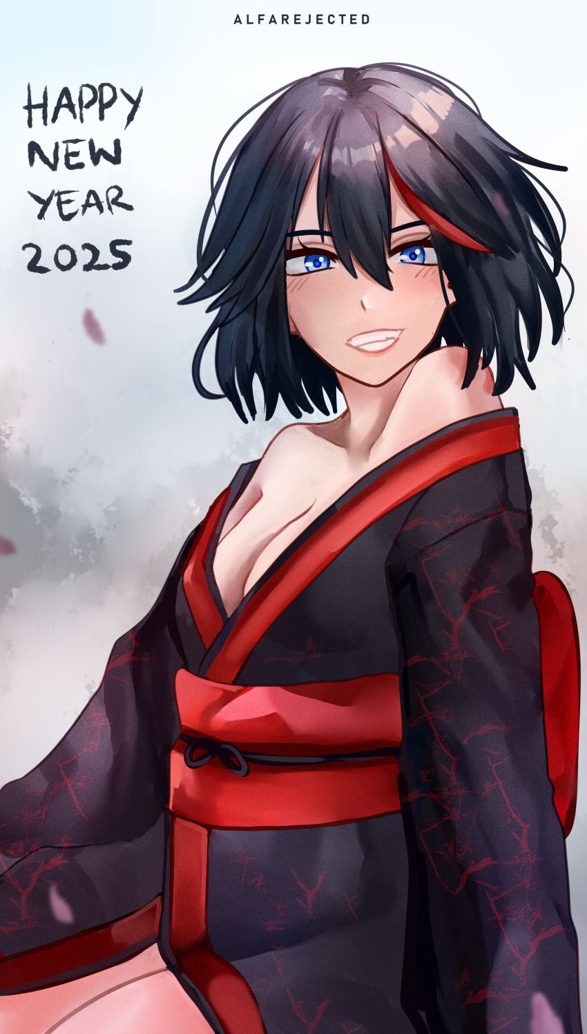 1girl 2025 absurdres alfarejected alternate_costume artist_name bare_shoulders black_hair black_kimono blue_eyes breasts cleavage collarbone eyelashes grey_background hair_between_eyes happy_new_year highres japanese_clothes kill_la_kill kimono long_sleeves looking_at_viewer matoi_ryuuko medium_breasts medium_hair multicolored_hair new_year obi obijime off_shoulder print_kimono red_hair red_sash sash simple_background sitting smile solo streaked_hair teeth