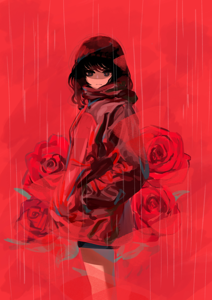 1girl absurdres black_eyes black_hair closed_mouth flower frown hands_in_pockets highres hood hood_down hoodie long_hair looking_at_viewer original oshiri_seijin rain red_flower red_pupils red_rose red_scarf red_theme rose scarf shaded_face solo