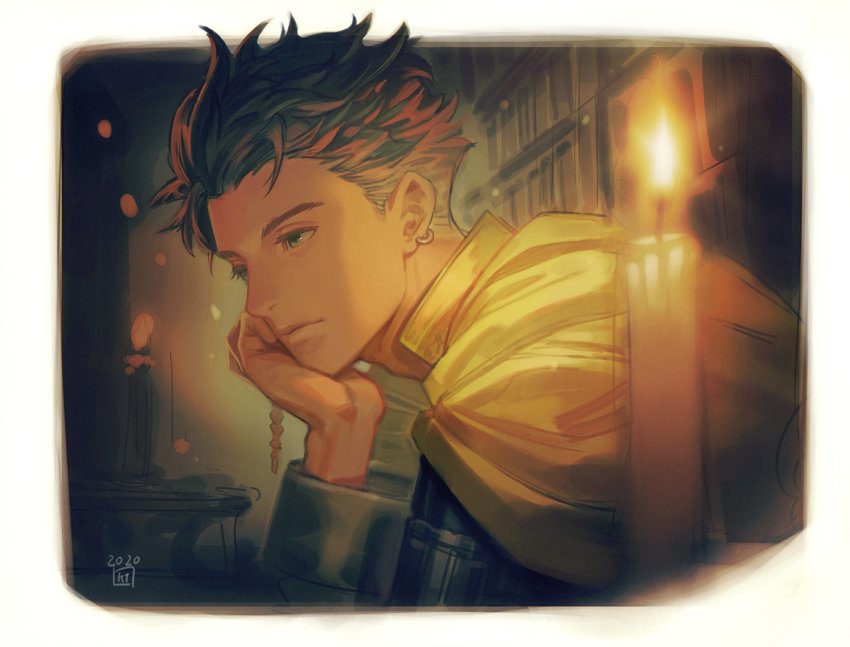 1boy black_shirt braid brown_hair candlelight cape claude_von_riegan closed_mouth dark_skin earrings fire_emblem fire_emblem:_three_houses garreg_mach_monastery_uniform green_eyes jewelry kanataria looking_away male_focus nintendo shirt yellow_cape