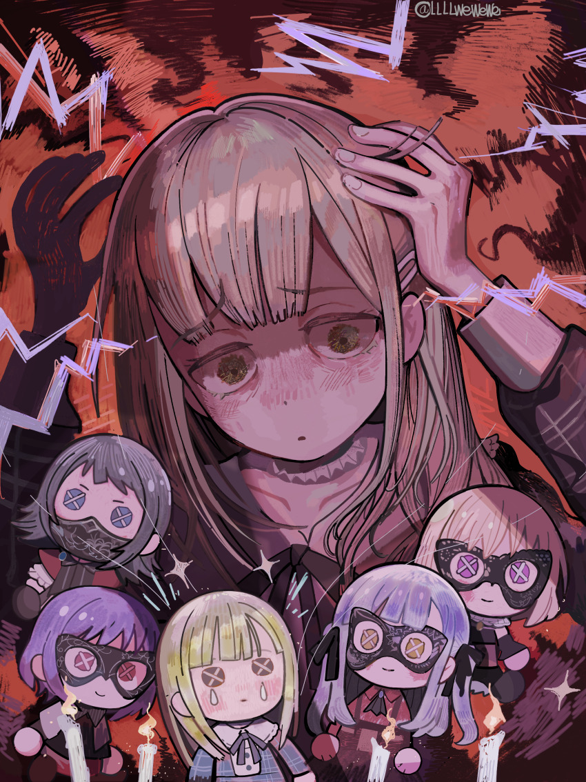 1girl absurdres amoris_(bang_dream!) arms_up aura ave_mujica_(bang_dream!) bang_dream! bang_dream!_it&#039;s_mygo!!!!! black_hair black_ribbon blonde_hair blue_hair blunt_bangs button_eyes buttons candle character_doll chinese_commentary closed_mouth commentary_request dark_aura doll doloris_(bang_dream!) gloom_(expression) green_hair hair_ribbon highres llllwewewe long_hair long_sleeves mask masquerade_mask misumi_uika oblivionis_(bang_dream!) purple_eyes purple_hair red_background red_shirt ribbon shirt short_hair smile solo timoris_(bang_dream!) togawa_sakiko upper_body wakaba_mutsumi yahata_umiri yellow_eyes yuutenji_nyamu