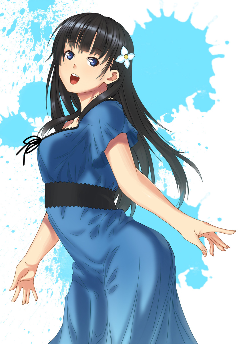 10s 1girl :d black_hair blue_eyes dress female_focus flower hair_flower hair_ornament highres long_hair open_mouth paintedmike sanka_rea sankarea smile solo