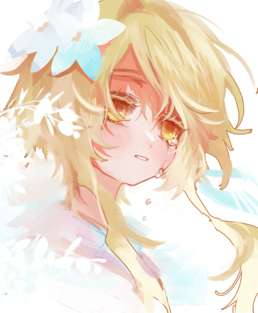 1girl blonde_hair blush crying flower genshin_impact hair_flower hair_ornament highres looking_to_the_side lumine_(genshin_impact) parted_lips portrait short_hair_with_long_locks sidelocks simple_background solo tears umiushi_u white_background white_flower yellow_eyes