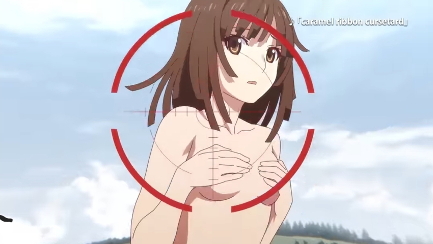 1girl blunt_bangs breasts brown_eyes brown_hair covering_privates crosshair highres medium_breasts monogatari_(series) nude sengoku_nadeko