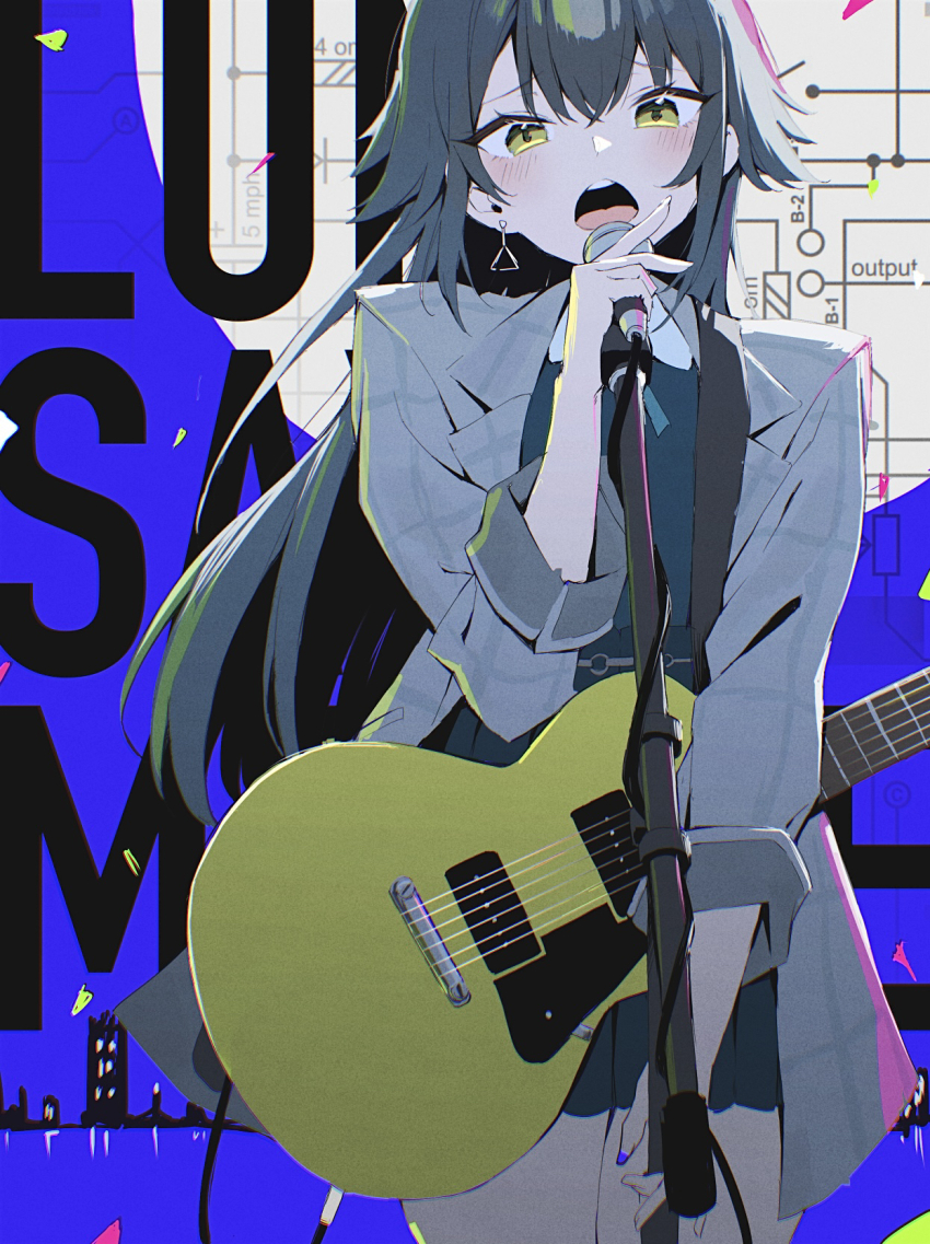 1girl audio_cable circuit coat earrings electric_guitar gakuen_idolmaster green_eyes green_hair green_shirt grey_coat guitar hair_flaps highres holding holding_microphone hoyhoy_colo idolmaster instrument jewelry long_hair looking_at_viewer microphone microphone_stand music shirt singing solo triangle_earrings tsukimura_temari very_long_hair