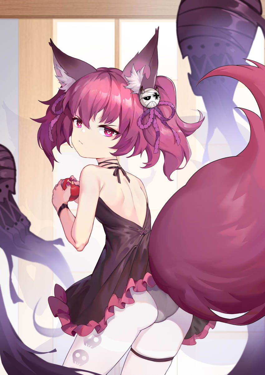 1girl absurdres animal_ear_fluff animal_ears apple arknights ass backless_outfit bare_shoulders black_dress black_panties dress food fox_ears fox_girl from_behind fruit heart heart-shaped_pupils heart_in_eye highres holding long_hair looking_at_viewer nail_polish panties panties_under_pantyhose pantyhose print_pantyhose red_eyes red_hair shamare_(arknights) shio_(shiofeifei) short_dress solo strapless strapless_dress symbol-shaped_pupils symbol_in_eye tail thigh_strap thighband_pantyhose thighs twintails underwear white_pantyhose