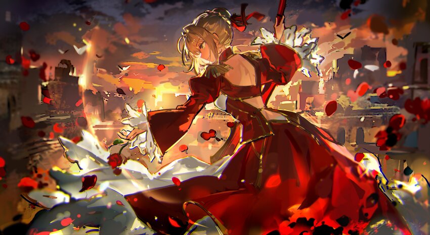 1girl absurdres backless_dress backless_outfit blonde_hair closed_mouth dress fate/extra fate_(series) flower from_behind green_eyes hand_up highres holding holding_flower long_sleeves looking_down mento nero_claudius_(fate) nero_claudius_(fate)_(all) nero_claudius_(fate/extra) red_dress red_flower red_rose rose smile solo standing wide_sleeves