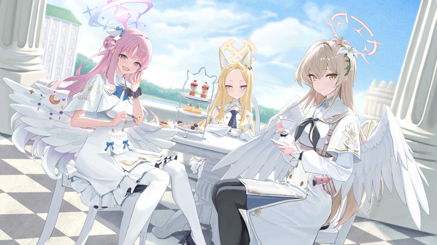 3girls absurdres animal_ears black_pantyhose blonde_hair blue_archive bocchi_(kuropom7) brown_eyes cake cake_slice checkered_floor commentary_request cup day dress feathered_wings flower food fork fox_ears hair_flower hair_ornament halo highres holding holding_cup holding_fork holding_saucer light_brown_hair long_hair looking_at_viewer mika_(blue_archive) multiple_girls nagisa_(blue_archive) pantyhose pink_hair saucer seia_(blue_archive) sitting tea_party tea_party_(blue_archive) tea_set teacup tiered_tray very_long_hair white_dress white_pantyhose white_wings wings