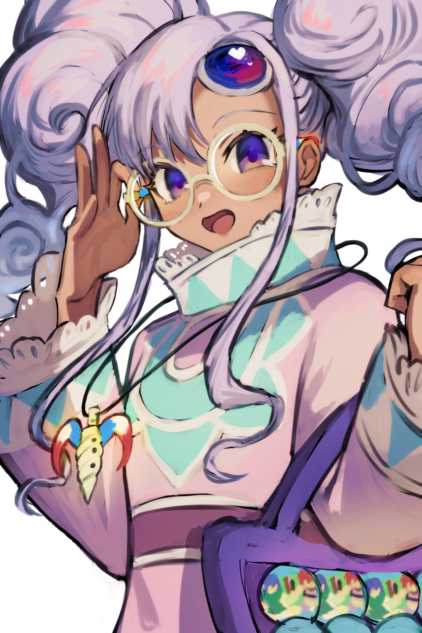 1girl absurdres akimachi dark-skinned_female dark_skin dress eyelashes forehead_jewel glasses highres jewelry long_hair long_sleeves looking_at_viewer meredy_(tales) necklace open_mouth purple_eyes purple_hair round_eyewear smile solo tales_of_(series) tales_of_eternia twintails upper_body white_background