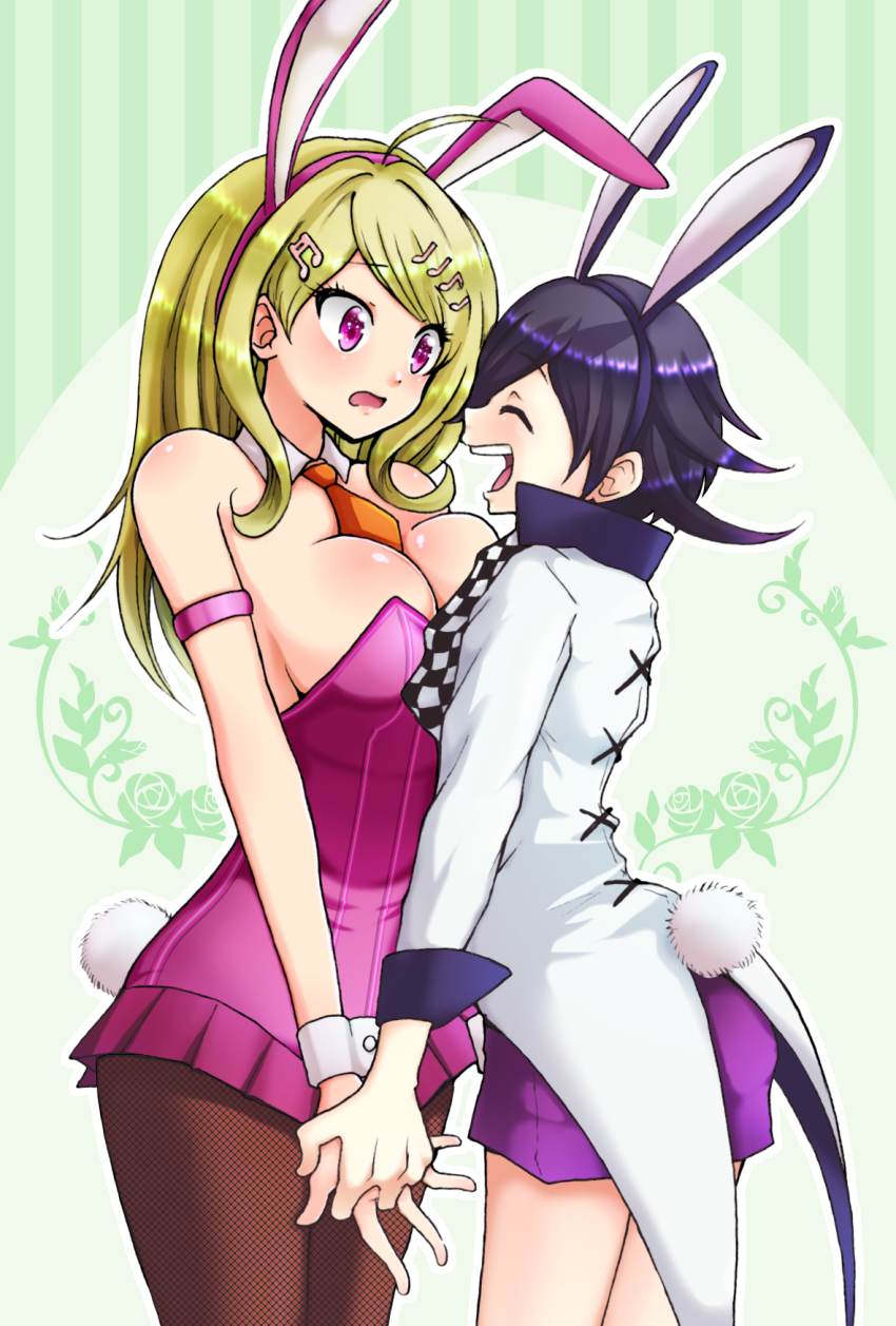 1boy 1girl ahoge akamatsu_kaede alternate_costume animal_ears black_pantyhose blonde_hair breasts cleavage closed_eyes commentary_request dan_(danbaldiav3) danganronpa_(series) danganronpa_v3:_killing_harmony detached_collar eighth_note eyelashes flipped_hair fortissimo from_side hair_ornament happy highres holding_hands large_breasts leotard long_hair musical_note musical_note_hair_ornament necktie official_alternate_costume oma_kokichi open_mouth orange_necktie outline pantyhose pink_eyes playboy_bunny purple_hair rabbit_boy rabbit_ears rabbit_girl rabbit_tail shiny_skin shorts simple_background standing surprised tail white_outline