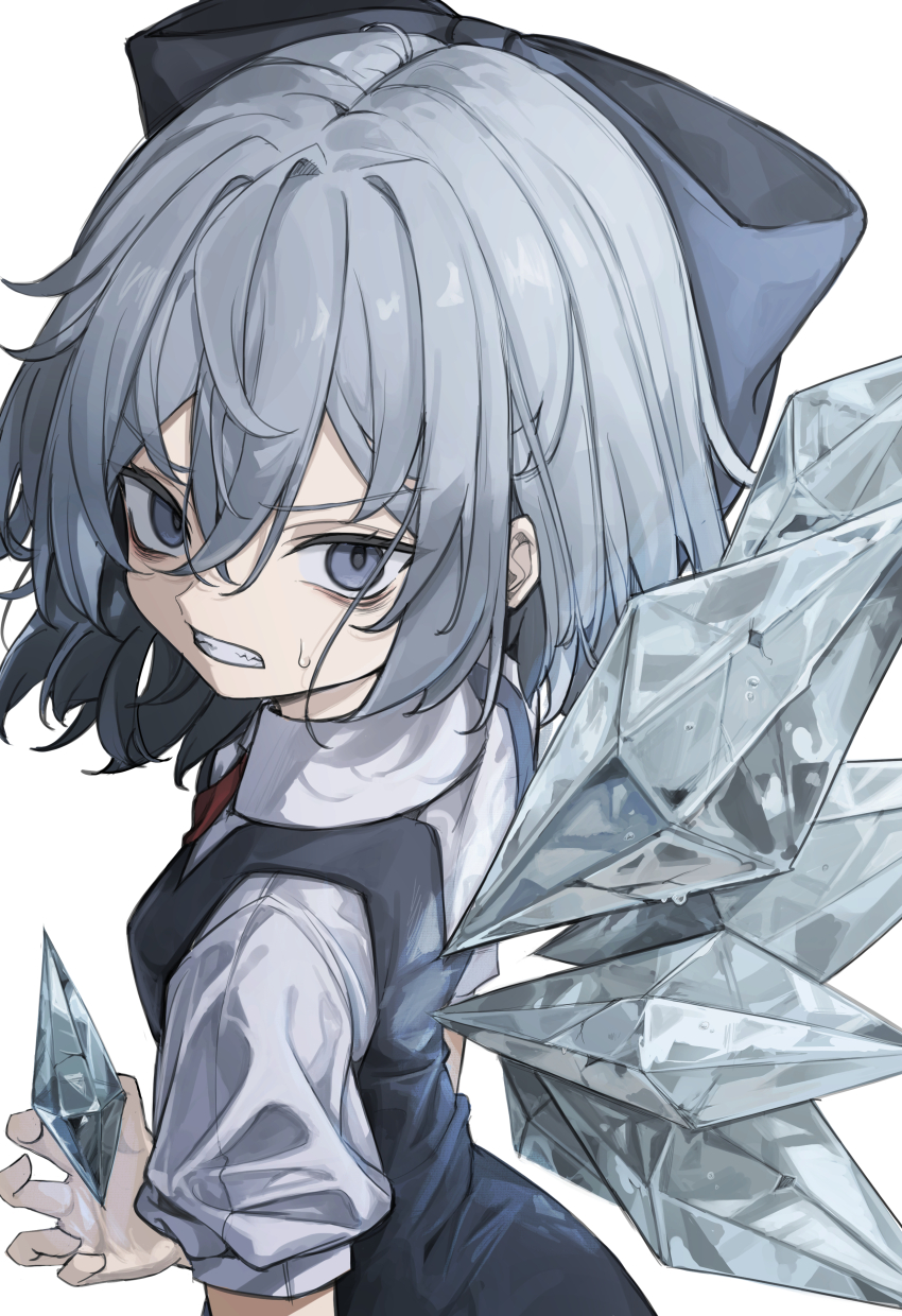 1girl absurdres angry ascot blue_bow blue_dress blue_eyes blue_hair bow cirno dress fang from_side grey_hair hair_between_eyes hair_bow highres hisha_(kan_moko) holding_crystal holding_ice ice ice_wings looking_at_viewer medium_hair red_ascot shirt short_sleeves simple_background solo teeth touhou v-shaped_eyebrows white_background white_shirt wings