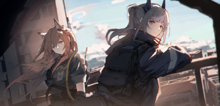 2girls animal_ears arknights backpack bag black_gloves black_jacket blue_sky blurry blurry_background brown_eyes brown_hair cloud collared_shirt day depth_of_field floating_hair franka_(arknights) gloves grey_shirt hair_between_eyes highres horns jacket ken1212ab liskarm_(arknights) long_hair multiple_girls ponytail railing shirt short_sleeves sky