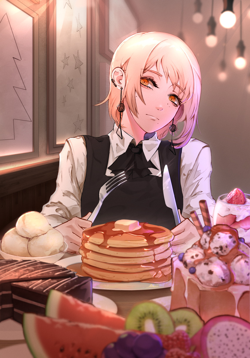 1girl absurdres black_dress black_ribbon blonde_hair butter cake cake_slice ceiling_light chainsaw_man chocolate_cake closed_mouth collared_shirt dragon_fruit_slice dress earclip earrings faizfs fami_(chainsaw_man) food fork fourth_east_high_school_uniform fruit grapes highres holding holding_fork holding_knife ice_cream indoors jewelry kiwi_(fruit) kiwi_slice knife long_sleeves looking_at_viewer maple_syrup mole mole_under_eye mole_under_mouth neck_ribbon pancake pancake_stack pinafore_dress plate restaurant ribbon ringed_eyes school_uniform shirt short_hair sleeveless sleeveless_dress solo strawberry wafer_stick watermelon watermelon_slice white_shirt yellow_eyes