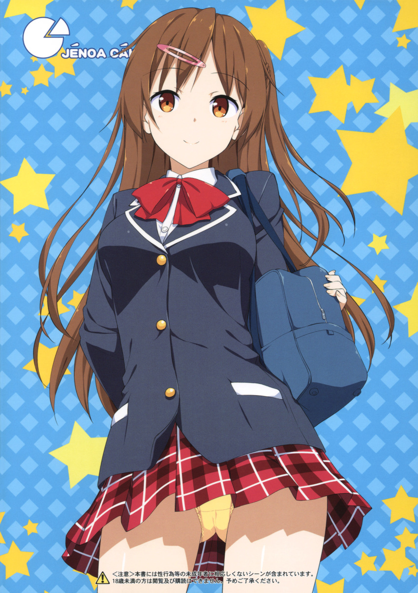 10s 1girl bag blazer blush brown_eyes brown_hair chuunibyou_demo_koi_ga_shitai! female_focus hair_ornament hairclip highres jacket long_hair looking_at_viewer nibutani_shinka one_side_up panties pantyshot plaid_clothes plaid_skirt scan school_bag school_uniform side_ponytail skirt smile solo standing takayaki underwear upskirt yellow_panties