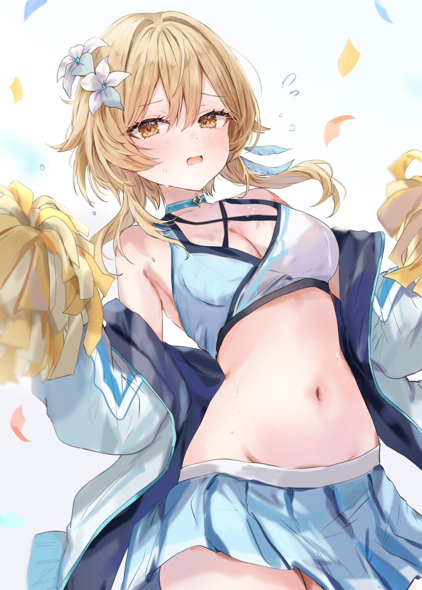 1girl bare_shoulders blonde_hair blue_choker blue_shirt blue_skirt breasts cheerleader choker cleavage confetti cowboy_shot criss-cross_halter crop_top embarrassed flower genshin_impact hair_flower hair_ornament halterneck highres holding holding_pom_poms jacket long_sleeves looking_at_viewer lumine_(genshin_impact) maruro medium_breasts midriff miniskirt navel off_shoulder open_clothes open_jacket open_mouth pleated_skirt pom_pom_(cheerleading) pom_poms shirt short_hair_with_long_locks skirt sleeveless sleeveless_shirt solo stomach sweat two-tone_shirt white_jacket white_shirt yellow_eyes