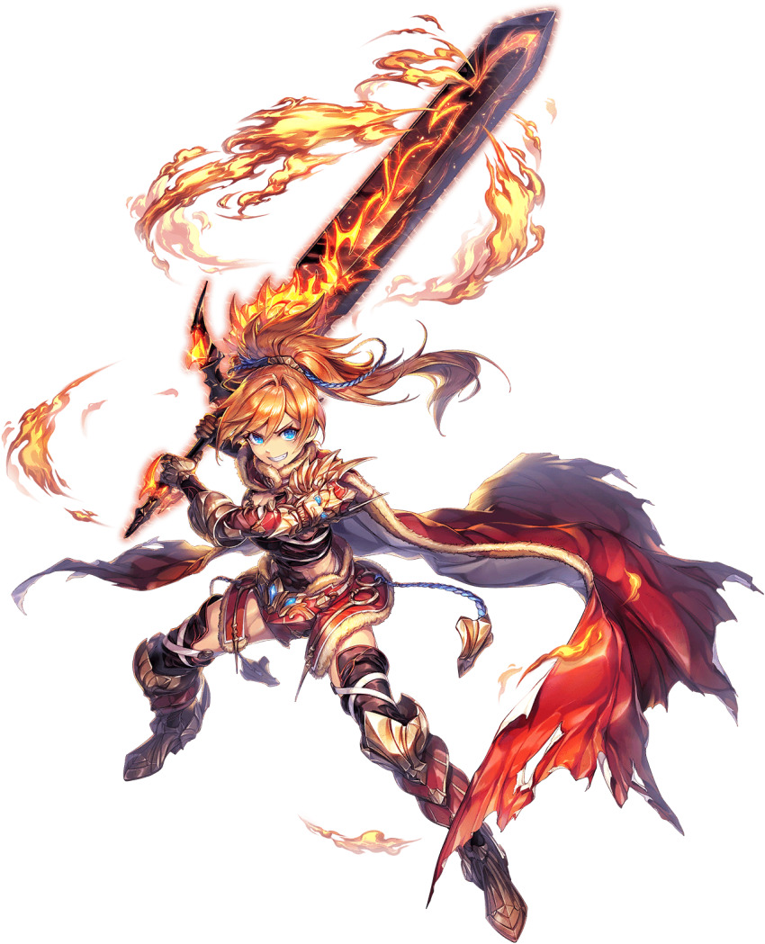 1girl armor artist_request bad_source blue_eyes breasts cape fire francesca_(unitia) full_body game_cg highres holding holding_sword holding_weapon huge_weapon knee_armor official_art orange_hair ponytail shoulder_armor sword third-party_source transparent_background two-handed_sword unitia weapon