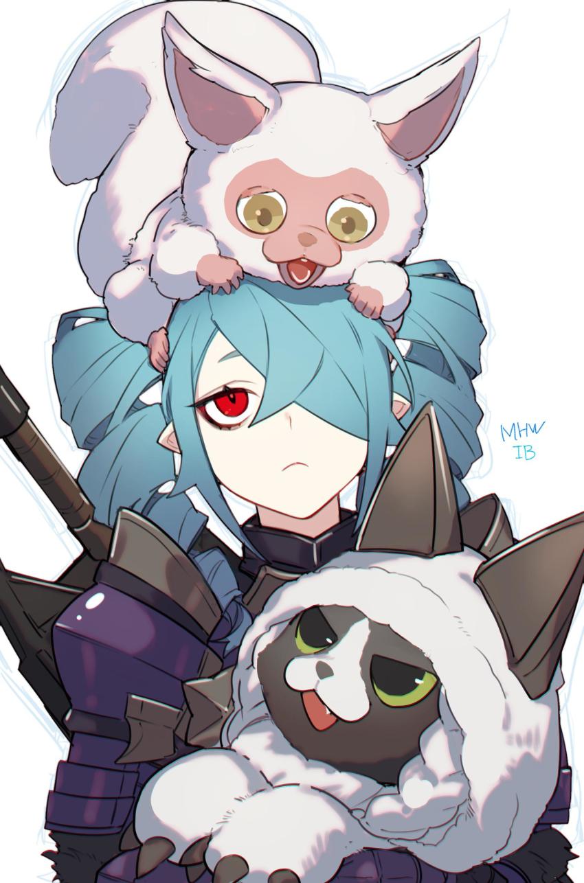 1girl animal animal_on_head aqua_hair armor bags_under_eyes cat closed_mouth drill_hair eye_black hair_over_one_eye highres holding holding_animal holding_cat loalo looking_down looking_up monster monster_hunter monster_hunter:_world monster_hunter_(series) on_head open_mouth original pointy_ears red_eyes twintails weapon weapon_on_back yellow_eyes