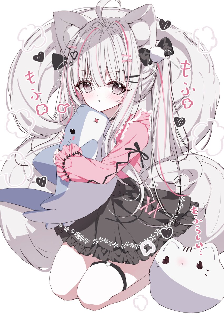 1girl :t absurdres ahoge animal animal_ear_fluff animal_ears black_bow black_choker black_skirt bow cat choker closed_mouth commentary_request full_body grey_eyes grey_hair hair_bow hair_intakes hair_ornament hairclip heart heart_hair_ornament highres hugging_object long_sleeves looking_at_viewer multicolored_hair nail_polish original pink_hair pink_nails pink_shirt pout seiza shirt simple_background sitting skirt sleeves_past_wrists solo streaked_hair stuffed_animal stuffed_shark stuffed_toy tail tandohark twintails white_background white_cat wide_sleeves