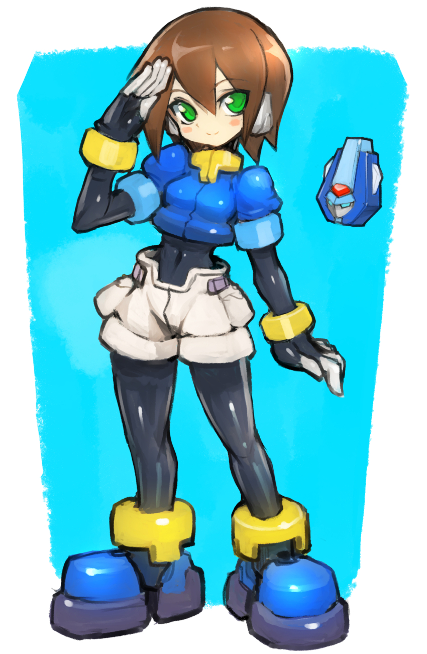 1girl aile_(mega_man_zx) biometal blue_background blue_footwear blush bodystocking bracelet brown_hair commentary_request dakusuta full_body green_eyes hair_between_eyes highres jewelry layered_sleeves long_sleeves mega_man_(series) mega_man_zx model_x_(mega_man) pantyhose pantyhose_under_shorts puffy_short_sleeves puffy_sleeves robot_ears salute short_hair short_over_long_sleeves short_shorts short_sleeves shorts simple_background smile solo standing white_shorts