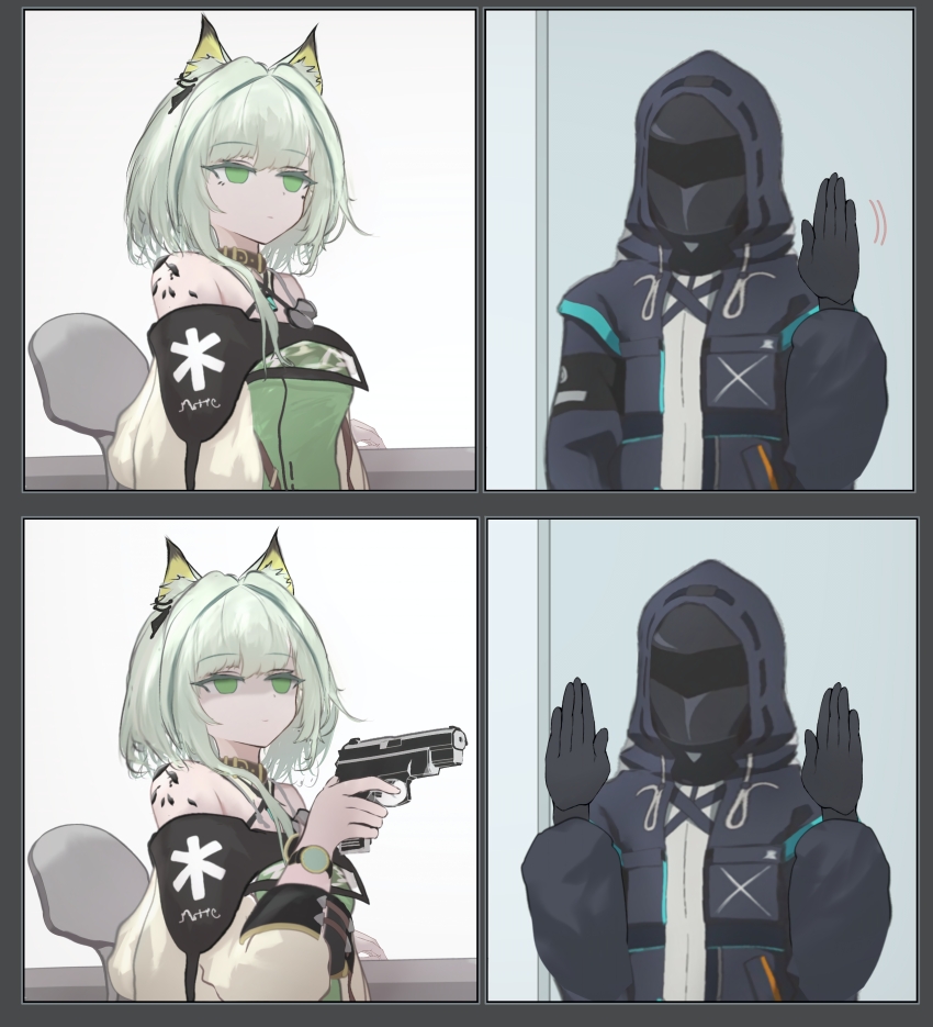 1girl 1other absurdres aiming animal_ears arknights bare_shoulders belt belt_buckle belt_collar black_gloves black_jacket brown_belt brown_collar buckle closed_mouth collar commentary doctor_(arknights) dress expressionless finger_on_trigger gloves green_dress green_eyes green_hair grey_sleeves gun hair_intakes hand_up handgun hands_up highres holding holding_gun holding_weapon hood hood_up hooded_jacket jacket kal&#039;tsit_(arknights) long_sleeves looking_at_another material_growth mebe_(teadia_violet) motion_lines no_pupils off_shoulder open_clothes open_jacket oripathy_lesion_(arknights) ribbon-trimmed_hood ribbon_trim shaded_face short_hair_with_long_locks star_of_life surrendering watch waving weapon wristwatch