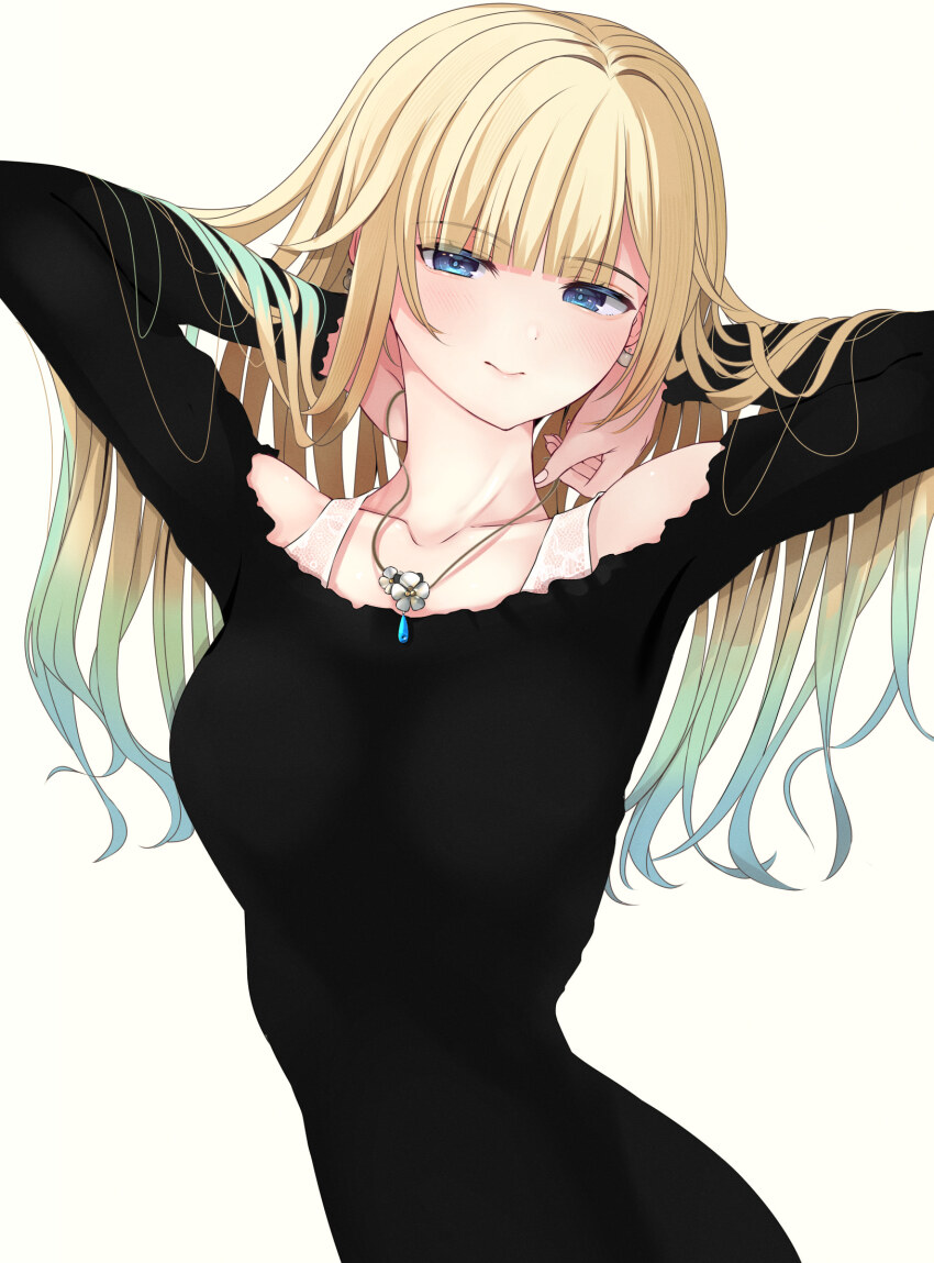 1girl aizawa_ema arms_behind_head black_dress blonde_hair blue_eyes blue_hair blunt_bangs bra breasts cat_earrings closed_mouth dress earrings gradient_hair hair_flaps hair_flip hatogayar highres jewelry large_breasts long_hair long_sleeves looking_at_viewer multicolored_hair narrow_waist necklace simple_background solo tight_clothes tight_dress underwear virtual_youtuber vspo! white_background white_bra