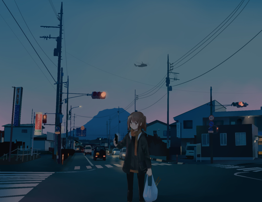 1girl aircraft bag brown_eyes brown_hair cellphone ch-53 coat crosswalk dusk helicopter highres kantai_collection phone road_sign scarf sendai_(kancolle) shopping_bag sign smartphone solo traffic_light two_side_up