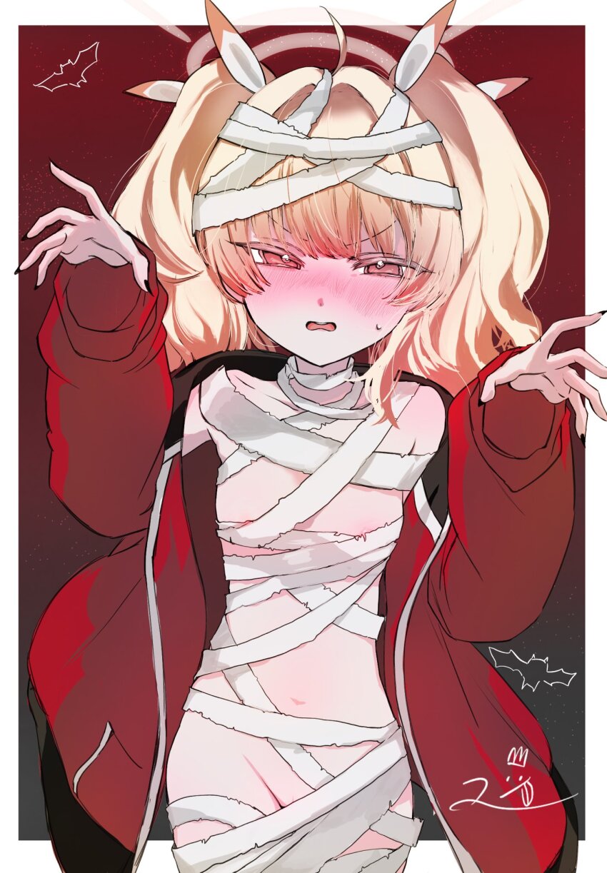 1girl bandages black_nails blonde_hair blue_archive blush hair_between_eyes hair_ribbon highres jacket long_hair looking_at_viewer matto_(matto71308) mummy_costume naked_bandage navel official_alternate_costume open_mouth outstretched_arms red_jacket ribbon sidelocks sweatdrop twintails white_ribbon yoshimi_(blue_archive) yoshimi_(halloween)_(blue_archive) zombie_pose