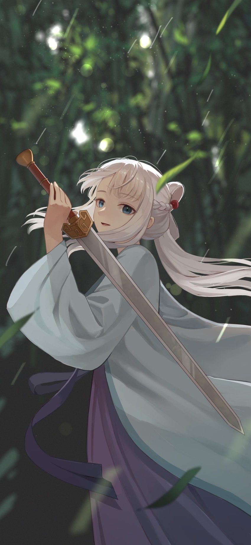 1girl absurdres bai_yuxiu blue_eyes blurry braid chinese_clothes fengling_yuxiu guazi122 hair_ornament half_up_braid hanfu highres holding holding_sword holding_weapon long_hair long_sleeves looking_at_viewer open_mouth outdoors solo sword weapon white_hair wide_sleeves