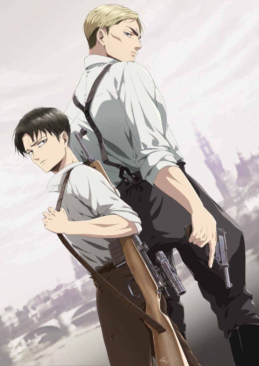 2boys absurdres back-to-back black_pants blonde_hair brown_hair collared_shirt commentary dutch_angle english_commentary erwin_smith gun handgun highres holding holding_weapon levi_(shingeki_no_kyojin) littleskrib looking_back male_focus multiple_boys pants rifle shingeki_no_kyojin shirt suspenders undercut weapon white_shirt