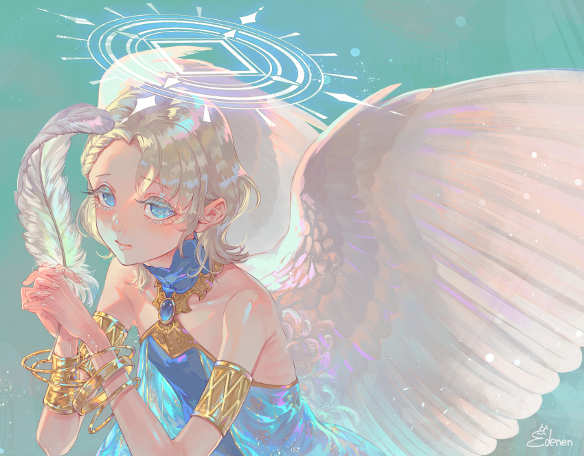 1girl angel angel_wings armlet backless_dress backless_outfit bare_shoulders blonde_hair blue_background blue_dress blue_eyes blush bracelet braid braided_bangs closed_mouth dress edenen-san eyelashes feathered_wings feathers gold hair_behind_ear halo halterneck highres holding holding_feather jewelry lips long_eyelashes looking_at_viewer original own_hands_clasped own_hands_together see-through_clothes signature simple_background solo white_wings wings