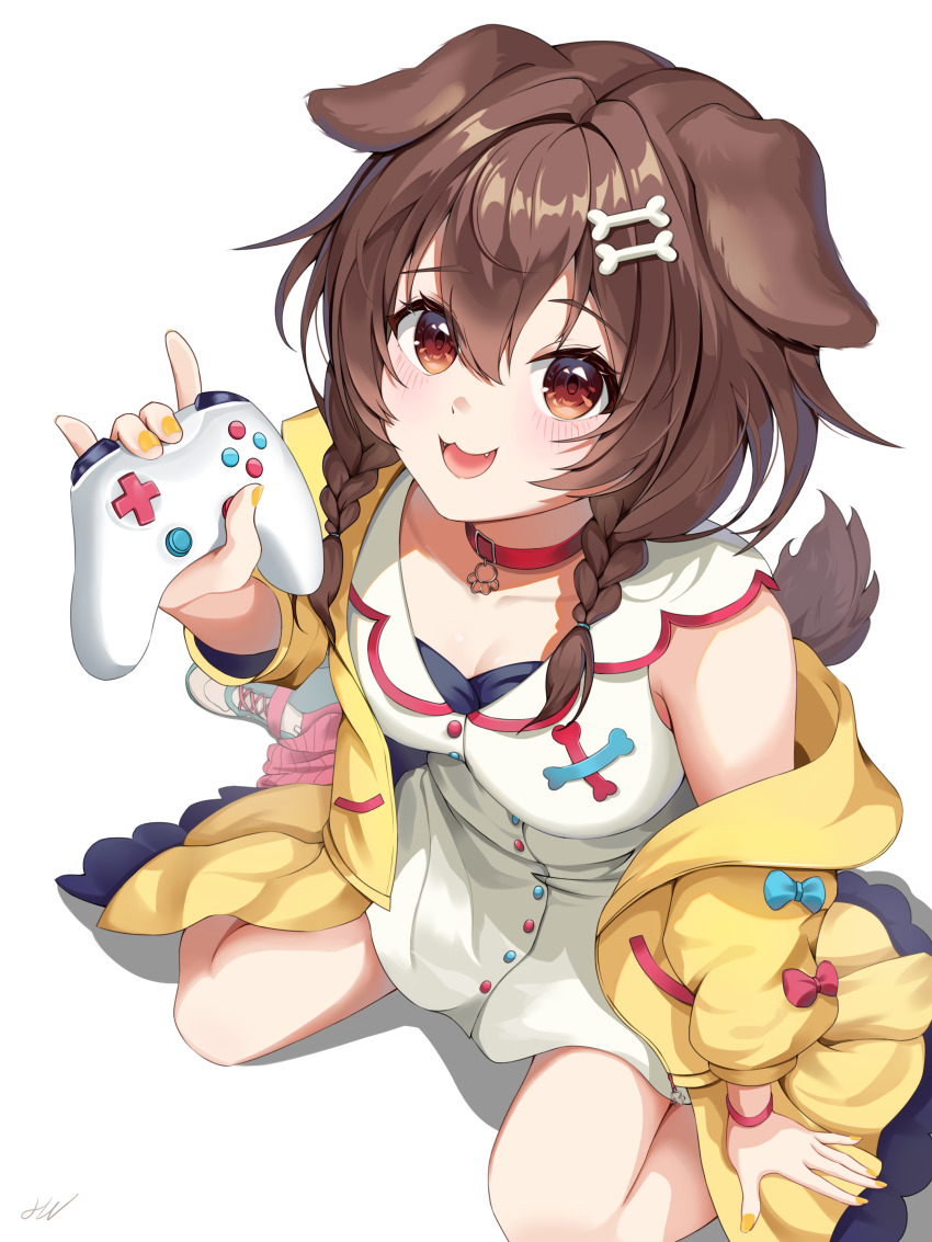 1girl :3 absurdres animal_collar animal_ears blush bone_hair_ornament bone_print braid breasts brown_eyes brown_hair brown_tail cartoon_bone cleavage collar collarbone commentary controller dog_ears dog_girl dog_tail dress eyelashes fang from_above game_controller hair_between_eyes hair_ornament highres holding holding_controller holding_game_controller hololive inugami_korone inugami_korone_(1st_costume) jacket jin_kemi kneeling long_hair looking_at_viewer low_twin_braids nail_polish open_mouth red_collar shadow sitting smile solo symbol-only_commentary tail twin_braids virtual_youtuber white_background yellow_jacket yellow_nails