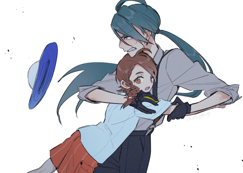 2girls androgynous black_gloves black_pants blue_hat braid brown_eyes brown_hair clenched_teeth creatures_(company) floating_hat from_side game_freak gloves grabbing_another&#039;s_arm grey_shirt hand_on_another&#039;s_shoulder hat hug juliana_(pokemon) long_hair looking_ahead low_ponytail multiple_girls nintendo one_eye_closed open_mouth orange_shorts pants pokemon pokemon_sv ponytail protecting red_eyes reverse_trap shirt shorts shougo-akira side_braid simple_background single_braid striped_clothes striped_shorts suspenders sweatdrop teeth unworn_hat unworn_headwear white_background white_shirt