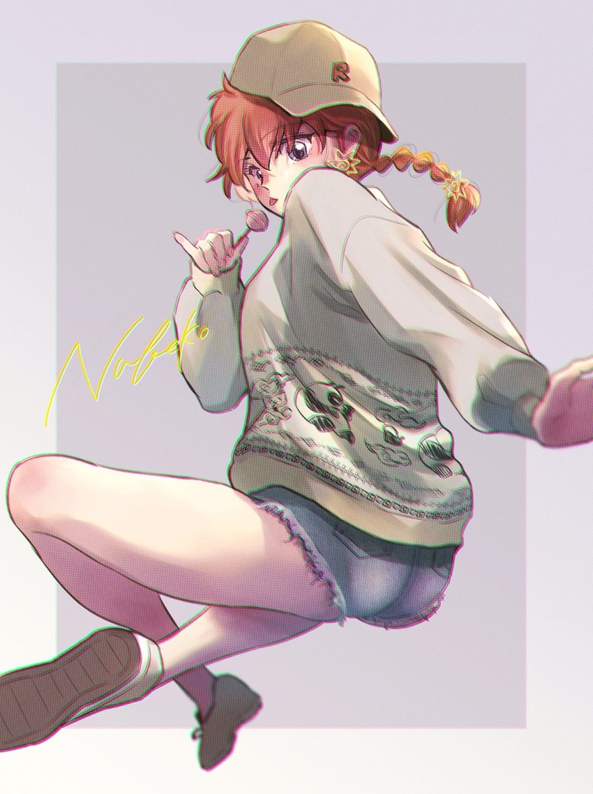 1girl ass baseball_cap candy food full_body hat highres lollipop nabeko_(be_yan3) panda ranma-chan ranma_1/2 red_hair saotome_genma shorts solo tongue tongue_out white_footwear