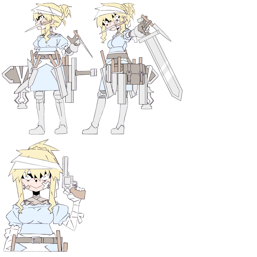 1girl absurdres armored_boots bandaged_head bandages blonde_hair boots butcher_knife character_sheet dress dual_wielding female_focus flat_color gun hair_bun handgun highres holding holding_knife holding_sword holding_weapon knife lantern masikakuma messy_hair mouth_hold off-shoulder_dress off_shoulder original revolver sheath sheathed simple_background single_hair_bun smile solo standing sword weapon white_background