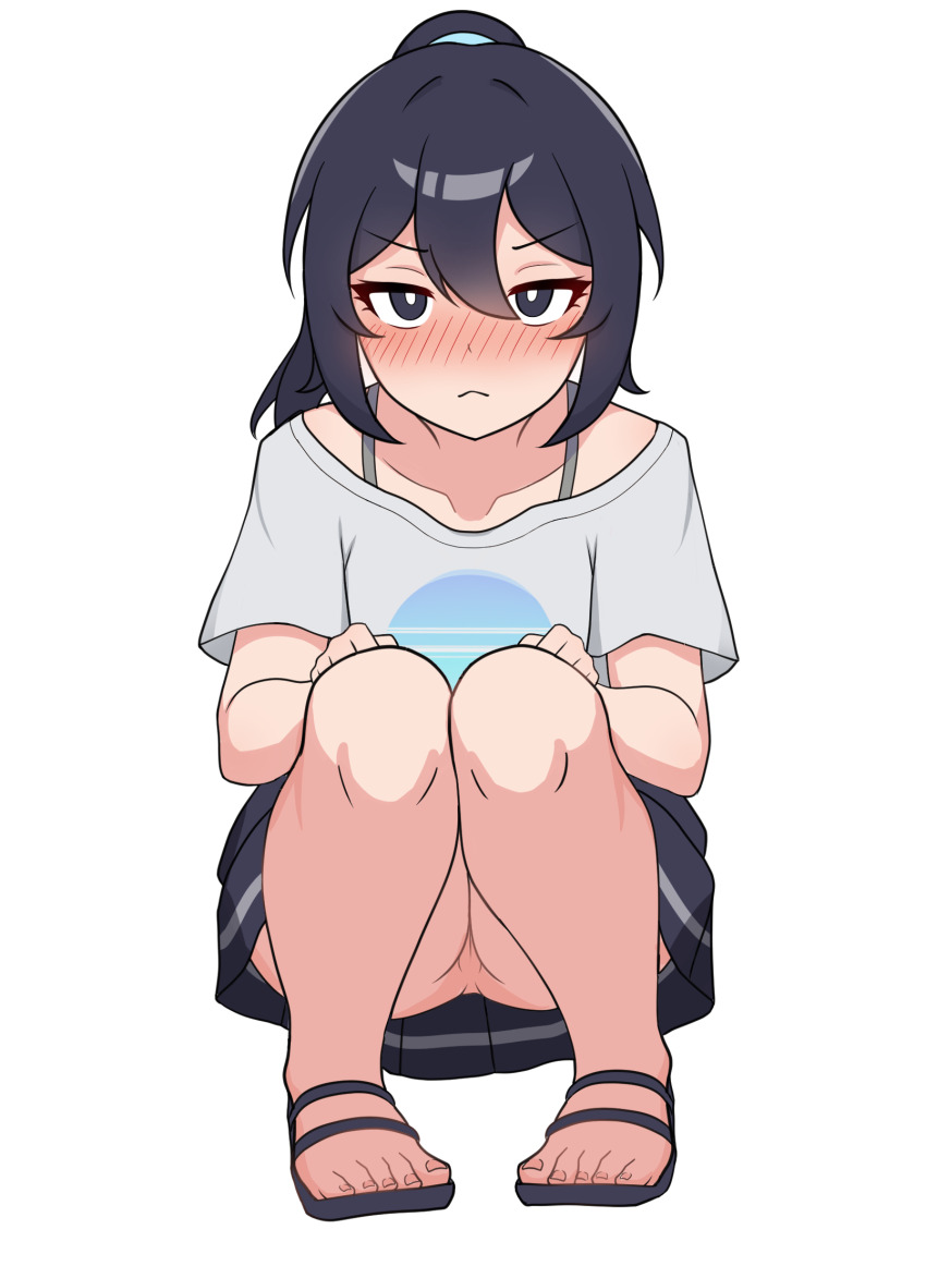 1girl black_hair blush collarbone commentary_request embarrassed full_body highres knees_together_feet_apart kumada_gaon long_hair looking_at_viewer no_panties original ponytail sandals shirt short_sleeves simple_background skirt solo squatting t-shirt toenails white_background