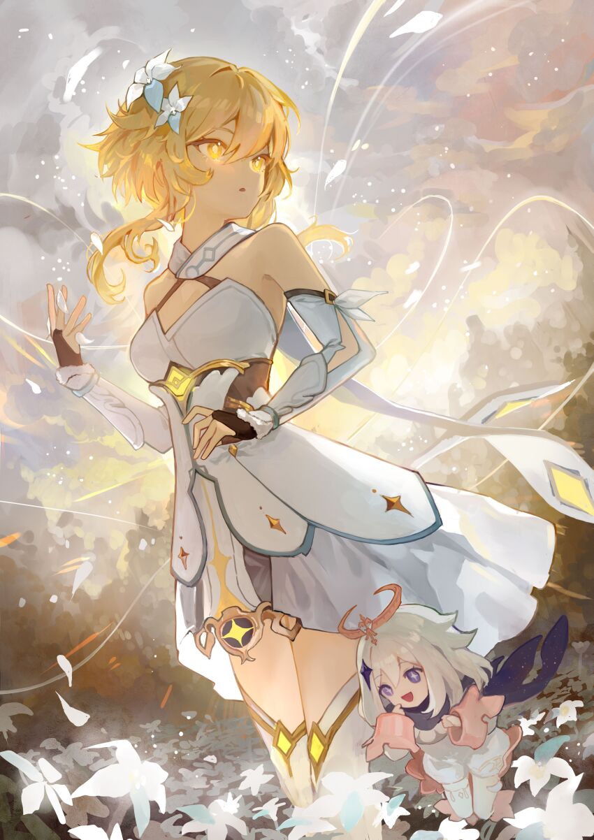 2girls absurdres bare_shoulders black_scarf blonde_hair blue_eyes commentary_request detached_sleeves dress field floating flower flower_field genshin_impact hair_between_eyes hair_flower hair_ornament halo happyongdal highres korean_commentary looking_to_the_side lumine_(genshin_impact) mechanical_halo multiple_girls paimon_(genshin_impact) romper scarf short_hair_with_long_locks sky standing symbol-shaped_pupils thighhighs white_dress white_flower white_hair white_romper white_scarf yellow_eyes