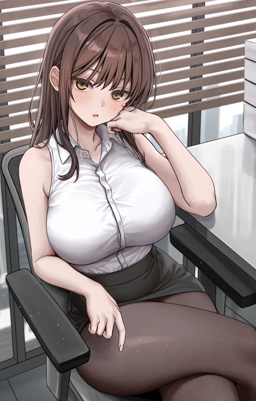 1girl absurdres bare_arms bare_shoulders black_skirt breasts brown_eyes brown_hair brown_pantyhose chair collared_shirt commentary_request crossed_legs gwan-e hand_up head_rest highres large_breasts long_hair looking_at_viewer miniskirt mole mole_under_eye mole_under_mouth office_chair office_lady open_mouth original pantyhose partial_commentary pencil_skirt shiina_(gwan-e) shirt shirt_tucked_in sitting skirt sleeveless sleeveless_shirt solo swivel_chair thighs white_shirt window_blinds